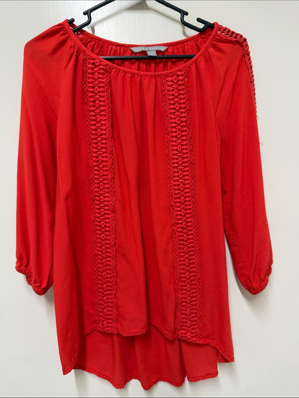 Valerie Stevens Red Crochet-Trim Peasant Top